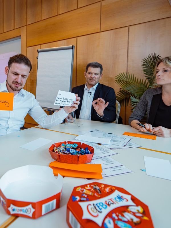 Führungskräfte analysieren im Workshop mithilfe von Szenariomanagement strategische Organisationsänderungen und zukünftige Unternehmensstrukturen.